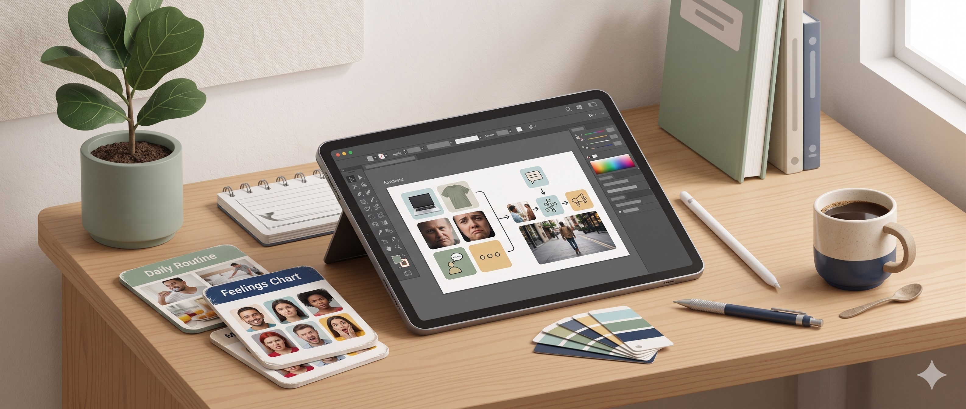 Studio design mockup with visual communication cards and a tablet