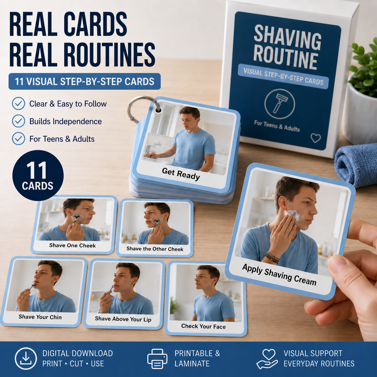 Shaving routine cards: Real cards, real routines